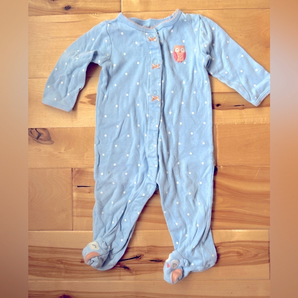 Carters Blue Dot Owl Snap Footie 9 Months